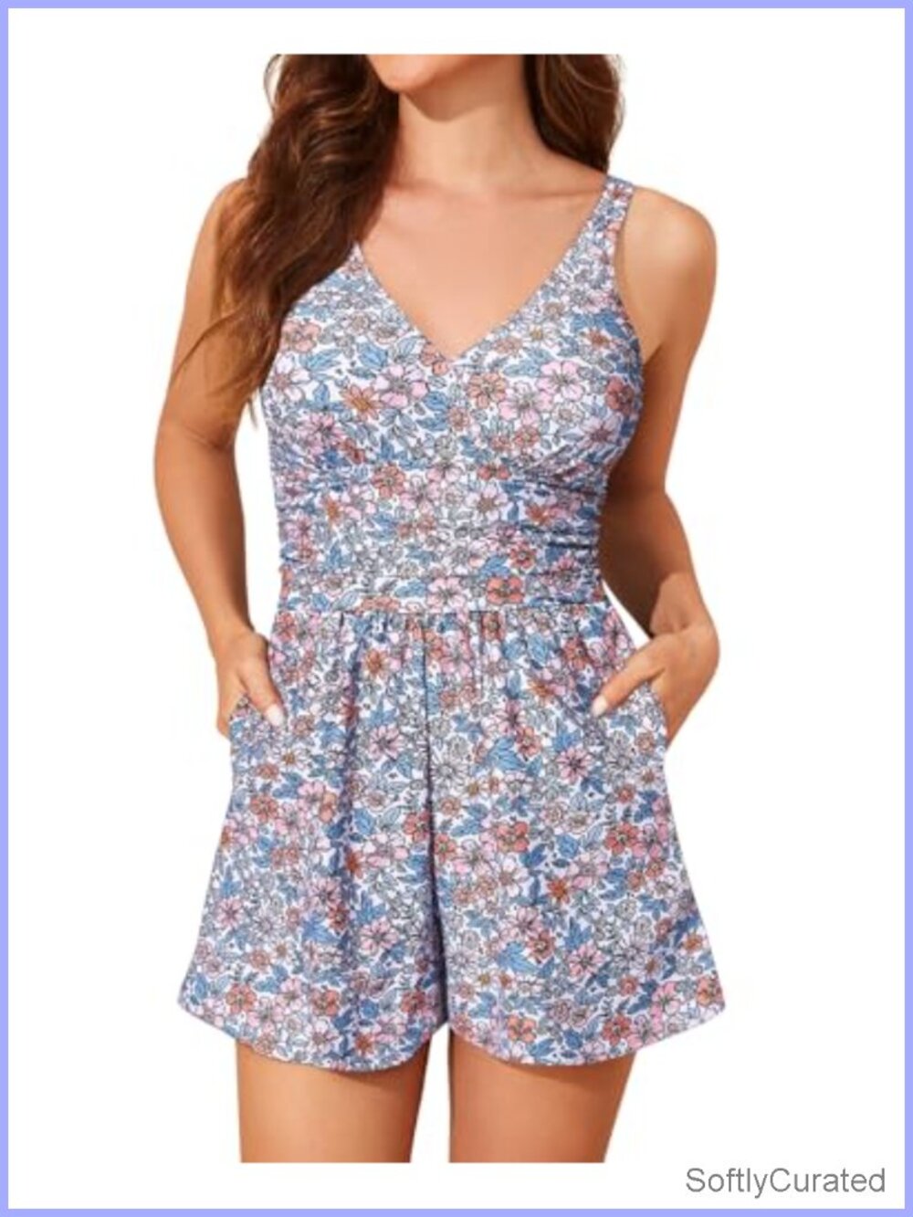 Smismivo Women's V-Neck Tummy Control One-Piece Swim Romper with Shorts Full